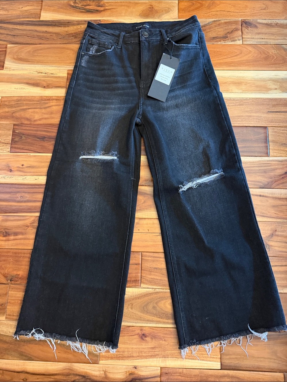 Risen Black Wide Leg Denim Distressed Jeans with Frayed Hem